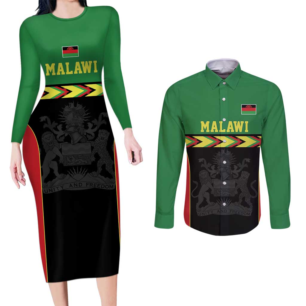Malawi Cricket Custom Couples Matching Long Sleeve Bodycon Dress and Long Sleeve Button Shirt Malawi Chevron Pattern - Wonder Print Shop