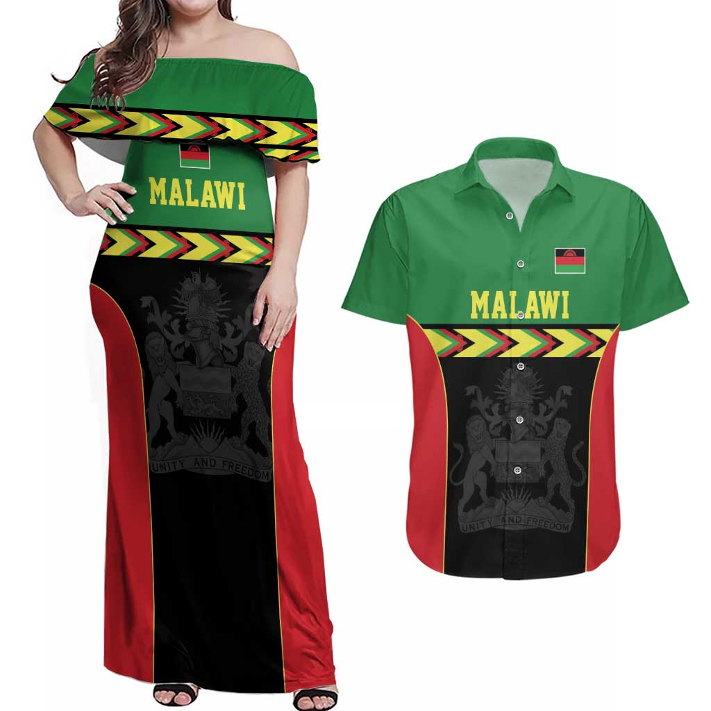 Malawi Cricket Custom Couples Matching Off Shoulder Maxi Dress and Hawaiian Shirt Malawi Chevron Pattern - Wonder Print Shop