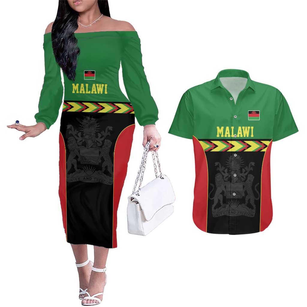 Malawi Cricket Custom Couples Matching Off The Shoulder Long Sleeve Dress and Hawaiian Shirt Malawi Chevron Pattern - Wonder Print Shop