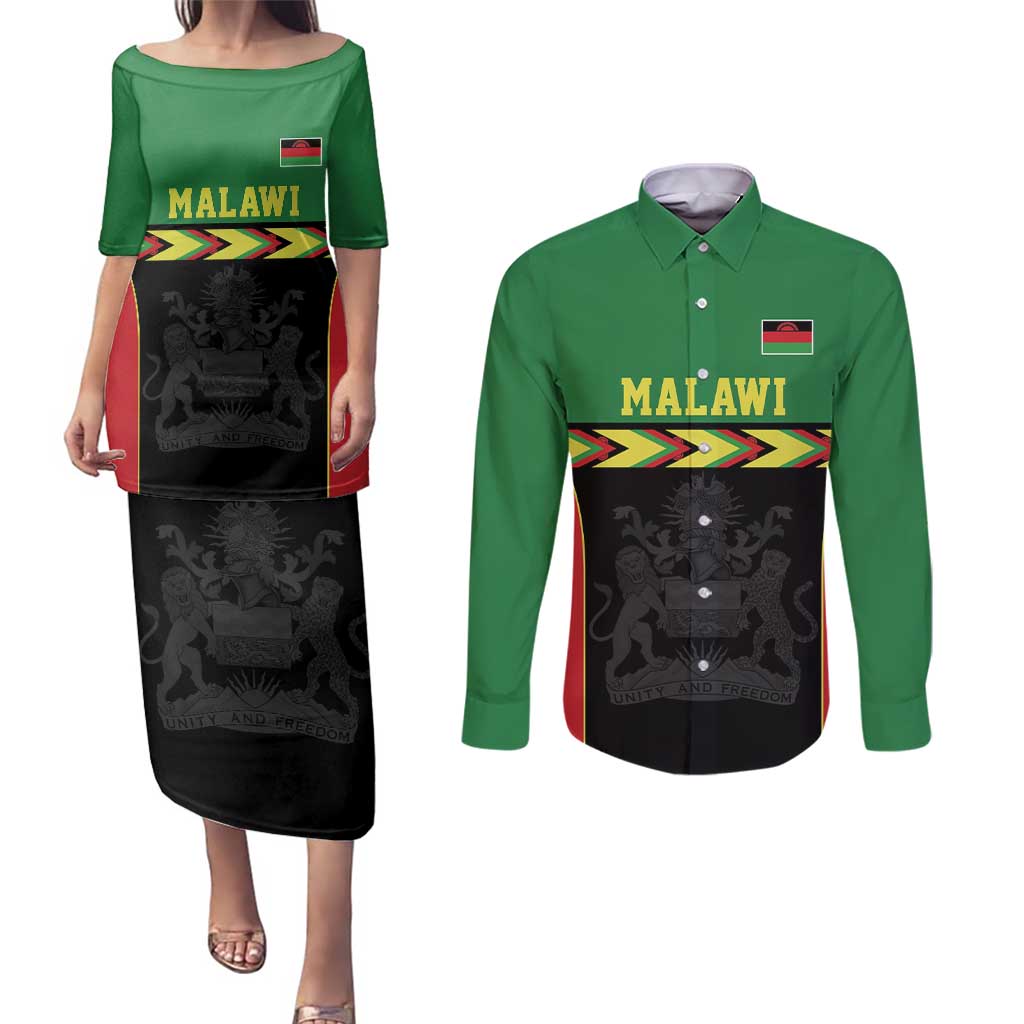 Malawi Cricket Custom Couples Matching Puletasi and Long Sleeve Button Shirt Malawi Chevron Pattern - Wonder Print Shop