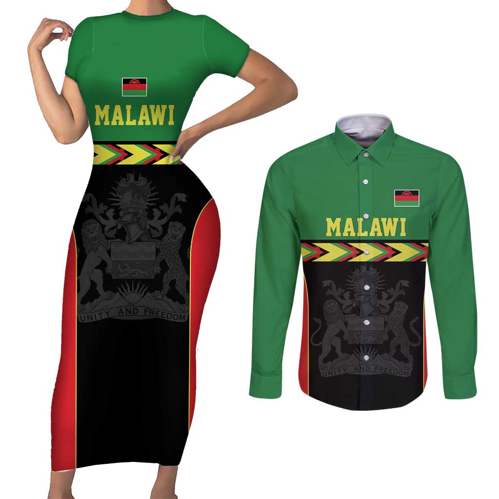 Malawi Cricket Custom Couples Matching Short Sleeve Bodycon Dress and Long Sleeve Button Shirt Malawi Chevron Pattern - Wonder Print Shop