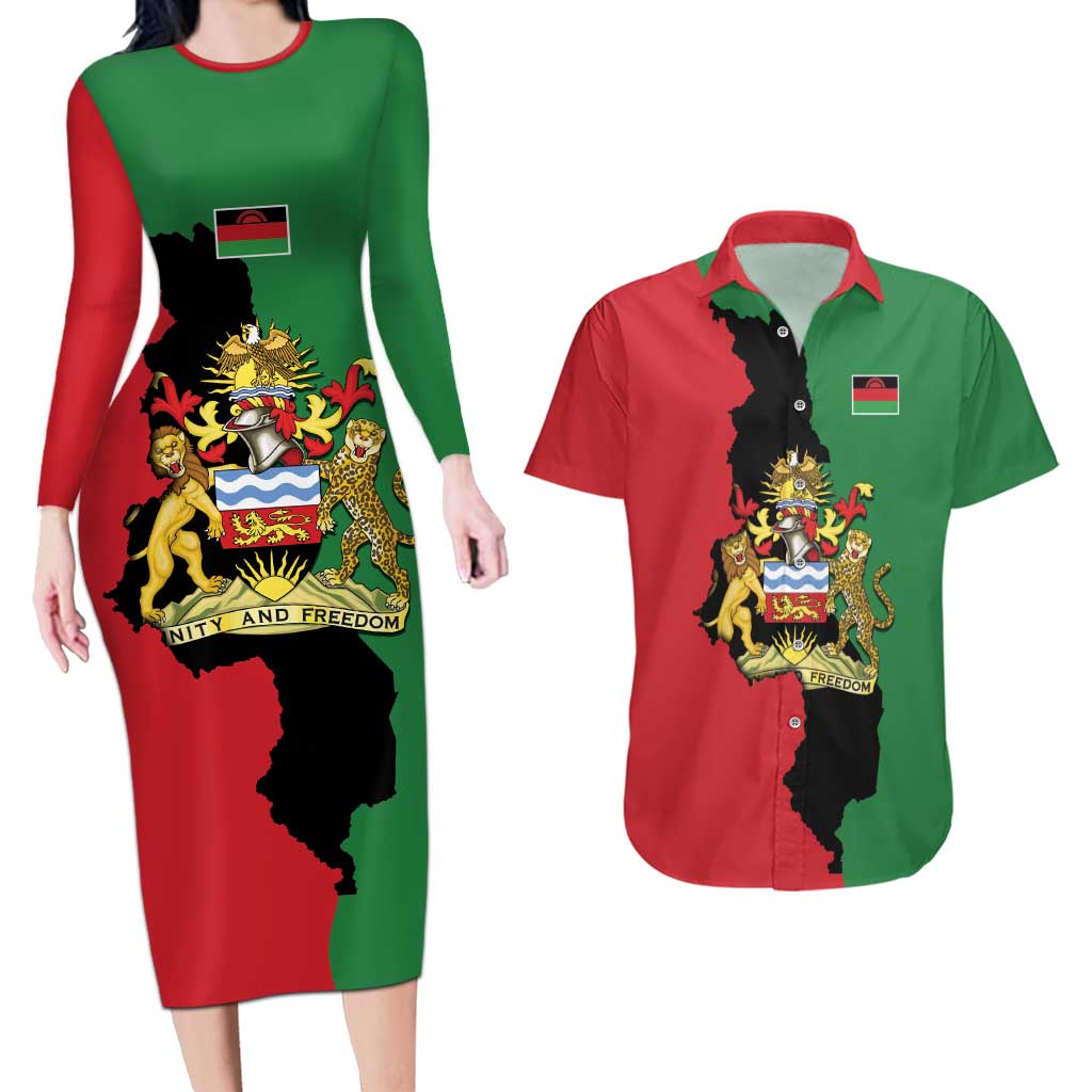 Malawi Flag Map Couples Matching Long Sleeve Bodycon Dress and Hawaiian Shirt Simple Malawi Emblem Coat of Arms - Wonder Print Shop