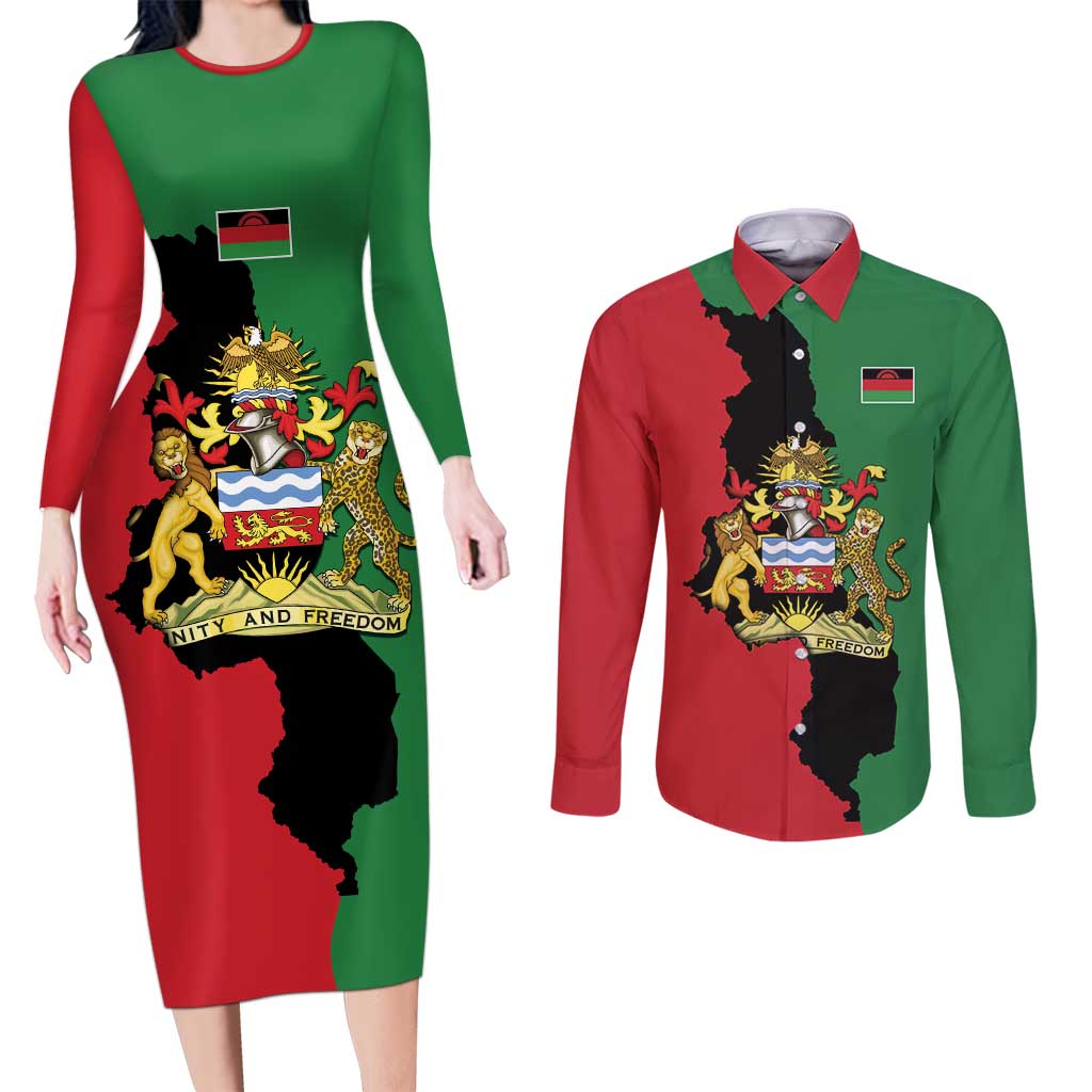 Malawi Flag Map Couples Matching Long Sleeve Bodycon Dress and Long Sleeve Button Shirt Simple Malawi Emblem Coat of Arms - Wonder Print Shop