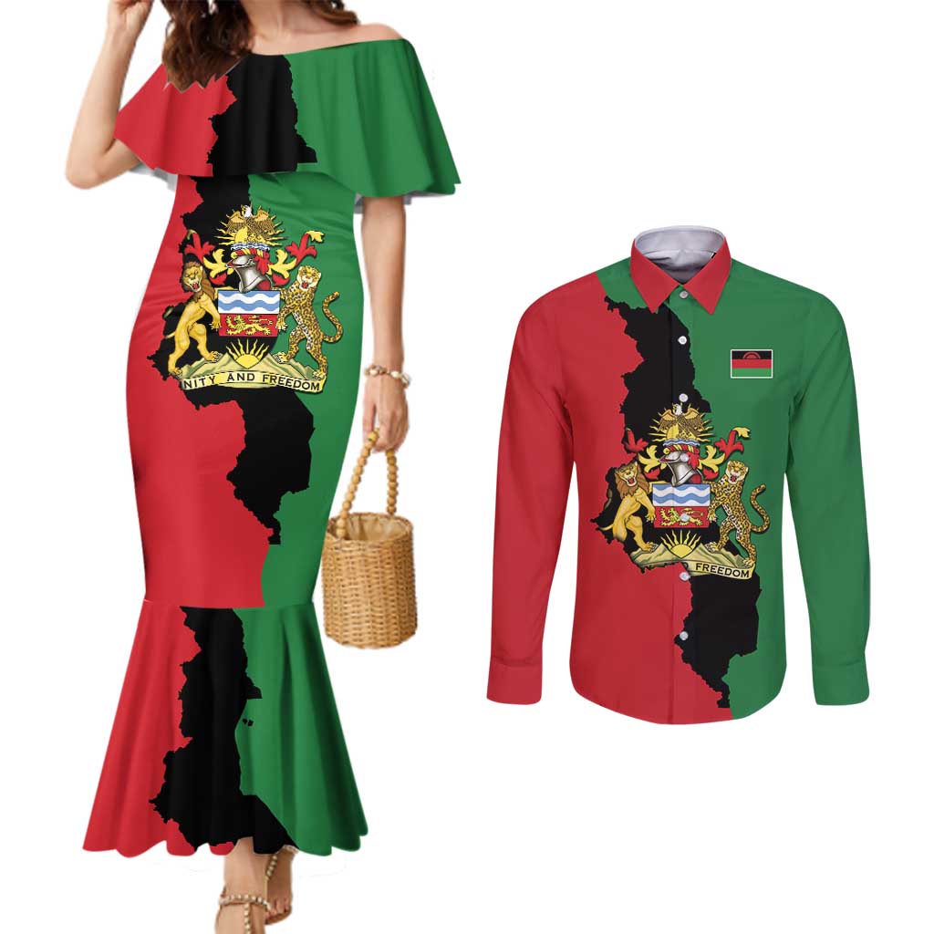 Malawi Flag Map Couples Matching Mermaid Dress and Long Sleeve Button Shirt Simple Malawi Emblem Coat of Arms - Wonder Print Shop