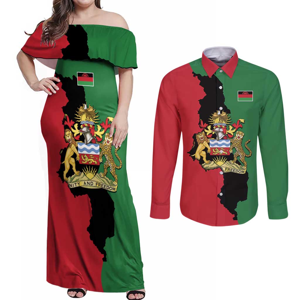 Malawi Flag Map Couples Matching Off Shoulder Maxi Dress and Long Sleeve Button Shirt Simple Malawi Emblem Coat of Arms - Wonder Print Shop