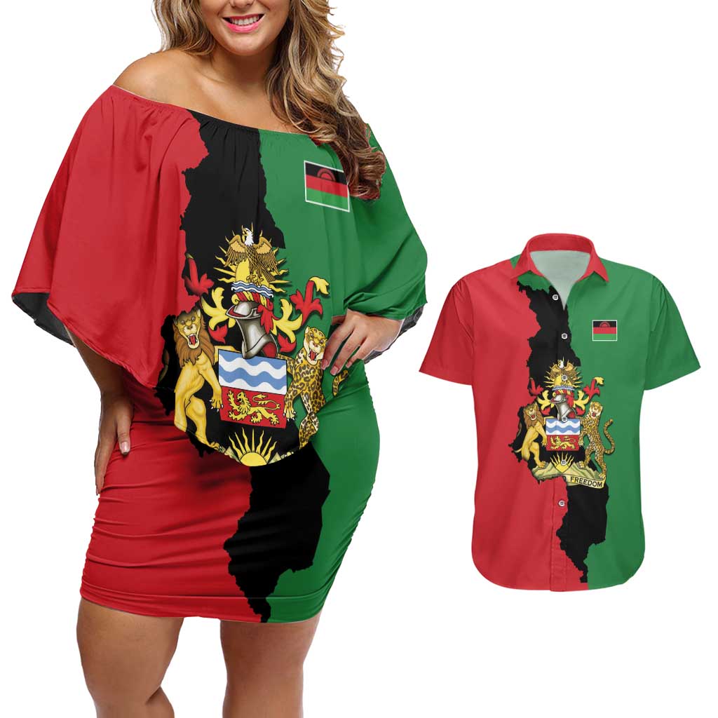 Malawi Flag Map Couples Matching Off Shoulder Short Dress and Hawaiian Shirt Simple Malawi Emblem Coat of Arms - Wonder Print Shop