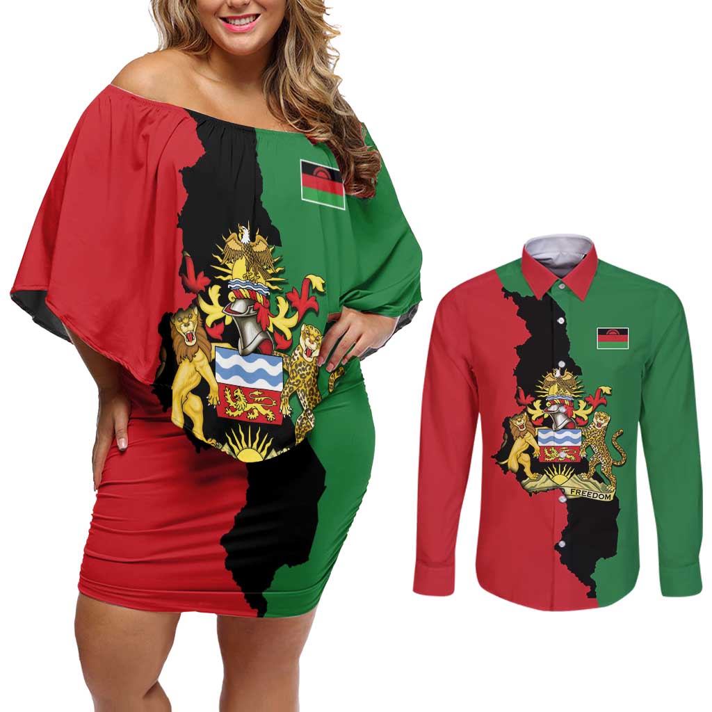 Malawi Flag Map Couples Matching Off Shoulder Short Dress and Long Sleeve Button Shirt Simple Malawi Emblem Coat of Arms - Wonder Print Shop