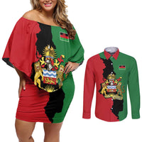 Malawi Flag Map Couples Matching Off Shoulder Short Dress and Long Sleeve Button Shirt Simple Malawi Emblem Coat of Arms - Wonder Print Shop