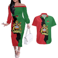 Malawi Flag Map Couples Matching Off The Shoulder Long Sleeve Dress and Hawaiian Shirt Simple Malawi Emblem Coat of Arms - Wonder Print Shop