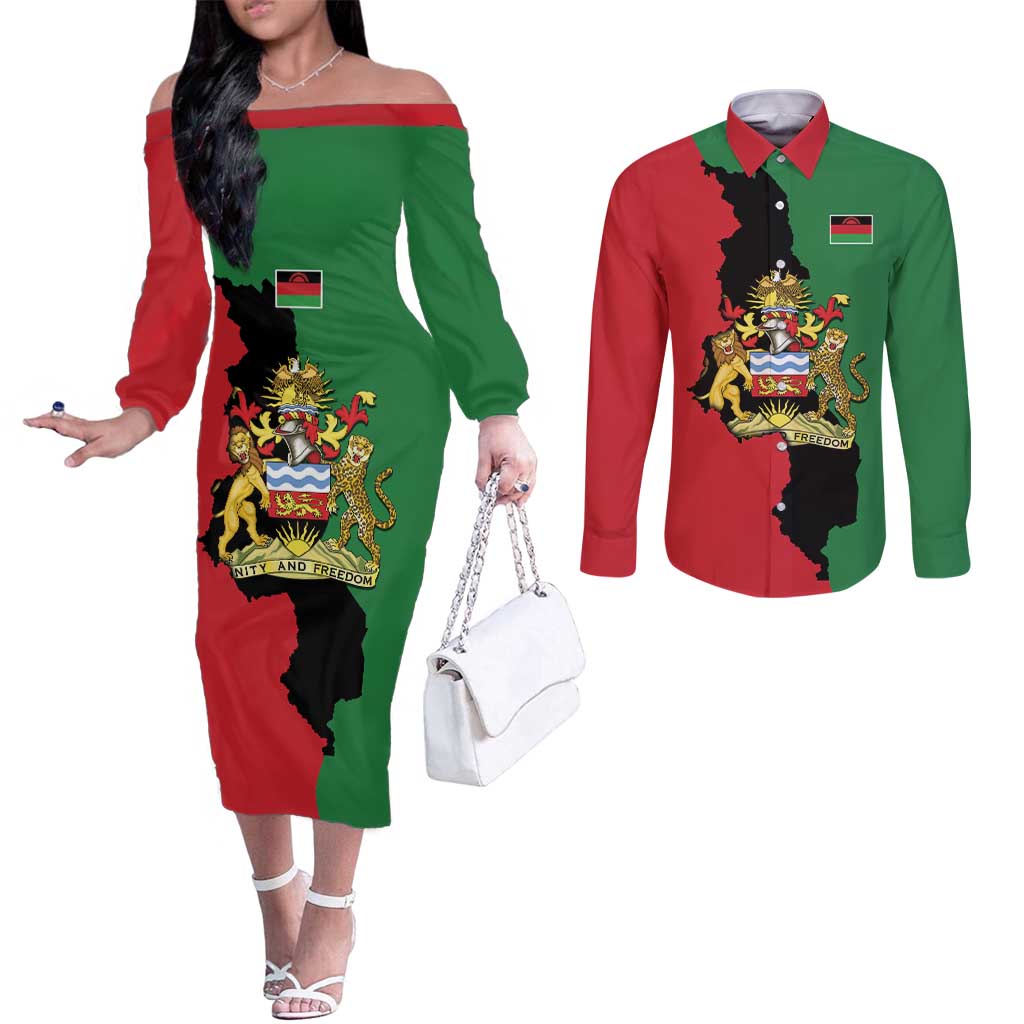 Malawi Flag Map Couples Matching Off The Shoulder Long Sleeve Dress and Long Sleeve Button Shirt Simple Malawi Emblem Coat of Arms - Wonder Print Shop
