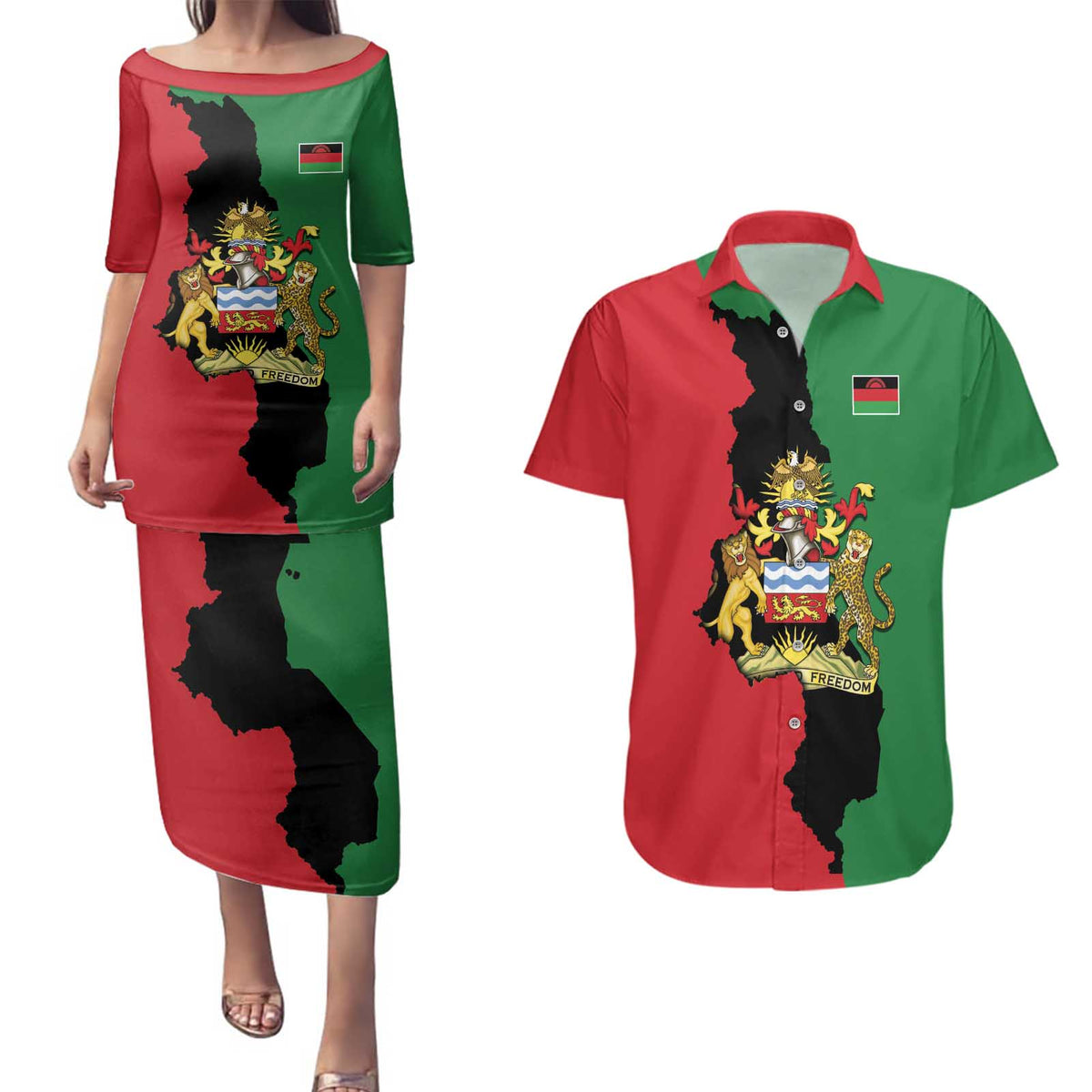 Malawi Flag Map Couples Matching Puletasi and Hawaiian Shirt Simple Malawi Emblem Coat of Arms - Wonder Print Shop