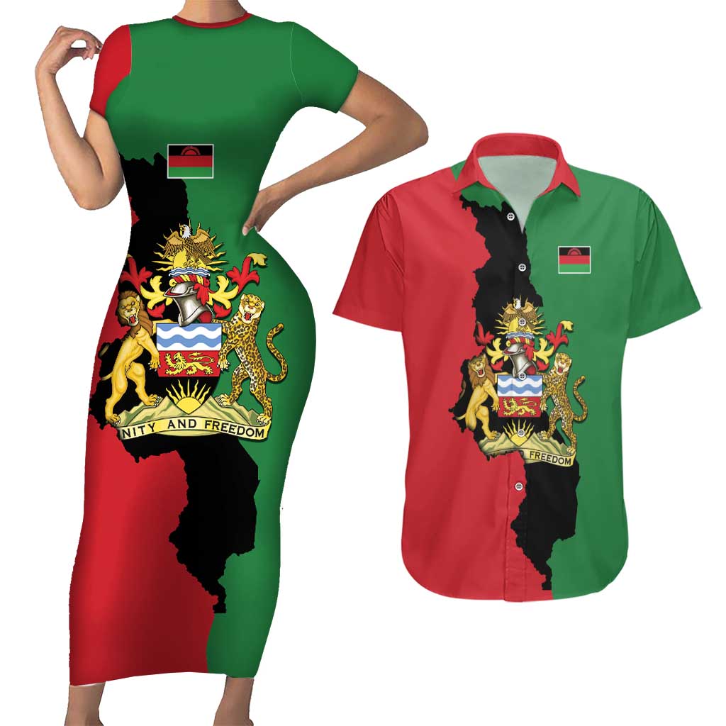 Malawi Flag Map Couples Matching Short Sleeve Bodycon Dress and Hawaiian Shirt Simple Malawi Emblem Coat of Arms - Wonder Print Shop