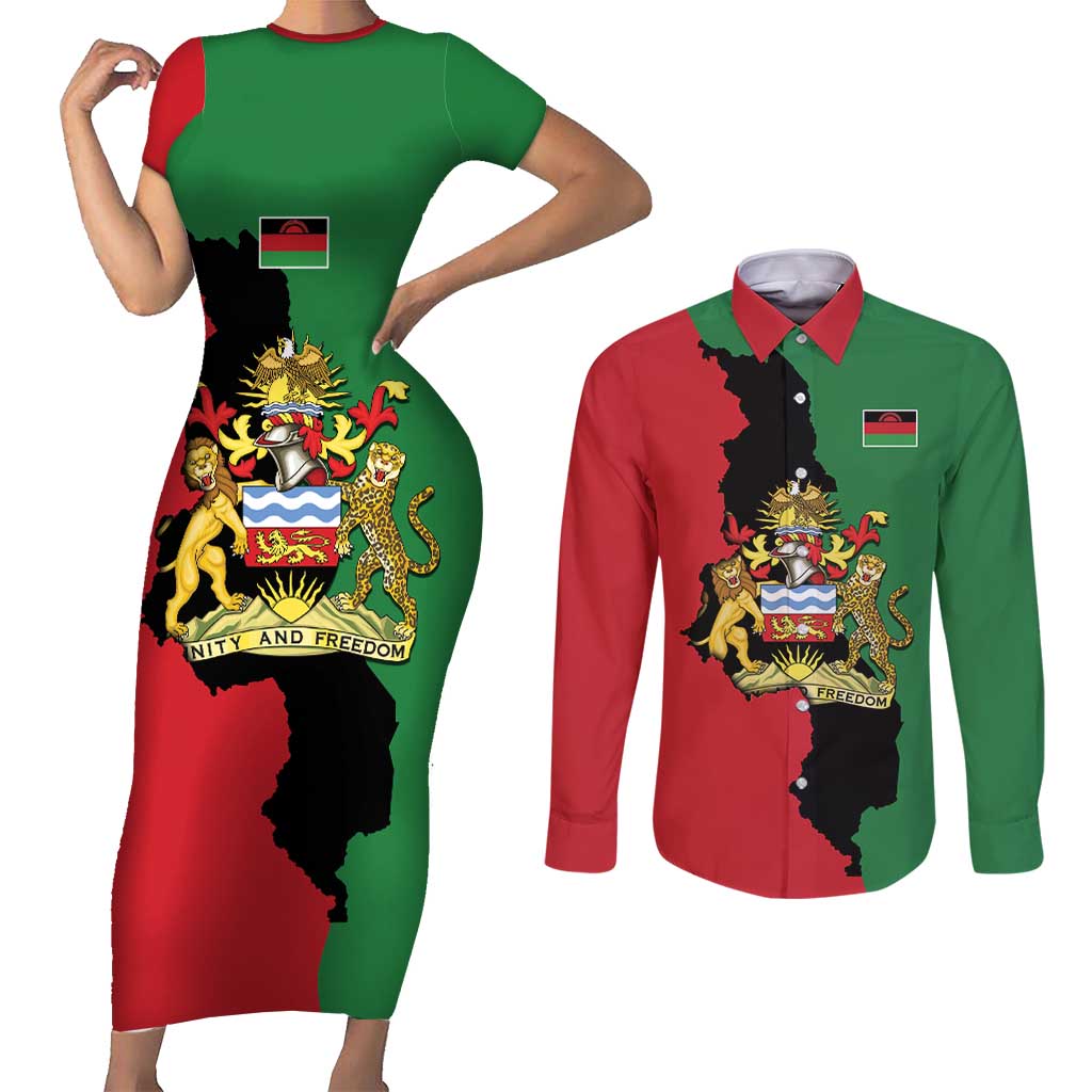 Malawi Flag Map Couples Matching Short Sleeve Bodycon Dress and Long Sleeve Button Shirt Simple Malawi Emblem Coat of Arms - Wonder Print Shop
