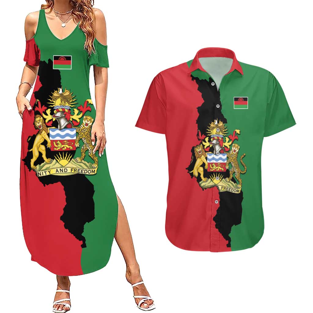 Malawi Flag Map Couples Matching Summer Maxi Dress and Hawaiian Shirt Simple Malawi Emblem Coat of Arms - Wonder Print Shop