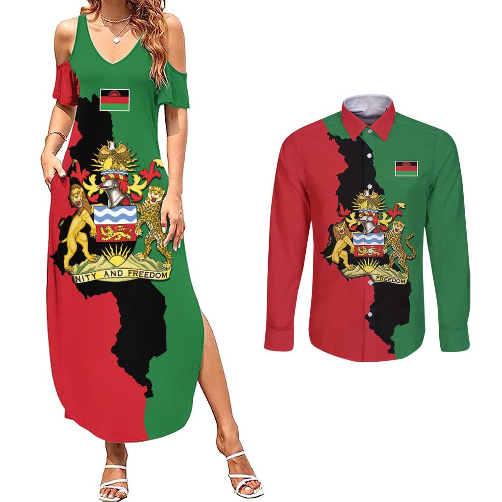 Malawi Flag Map Couples Matching Summer Maxi Dress and Long Sleeve Button Shirt Simple Malawi Emblem Coat of Arms - Wonder Print Shop