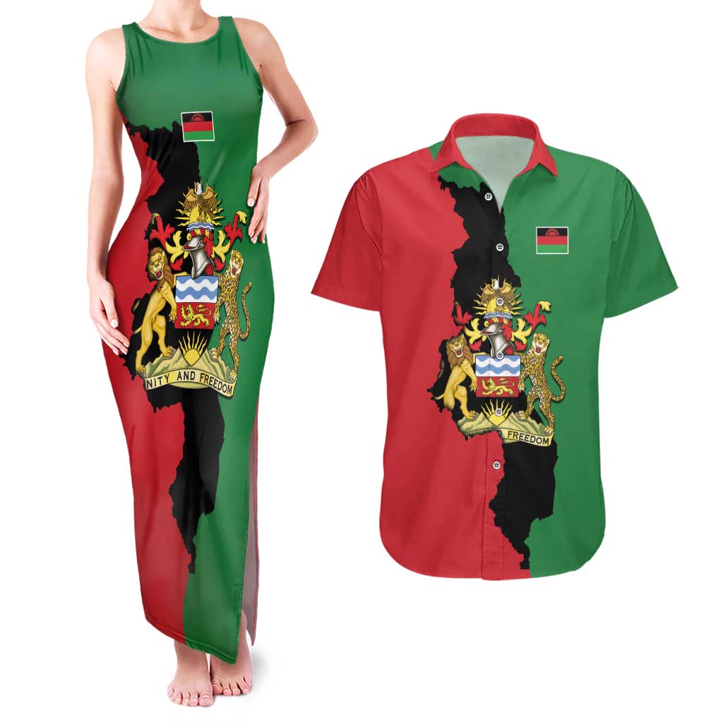 Malawi Flag Map Couples Matching Tank Maxi Dress and Hawaiian Shirt Simple Malawi Emblem Coat of Arms - Wonder Print Shop