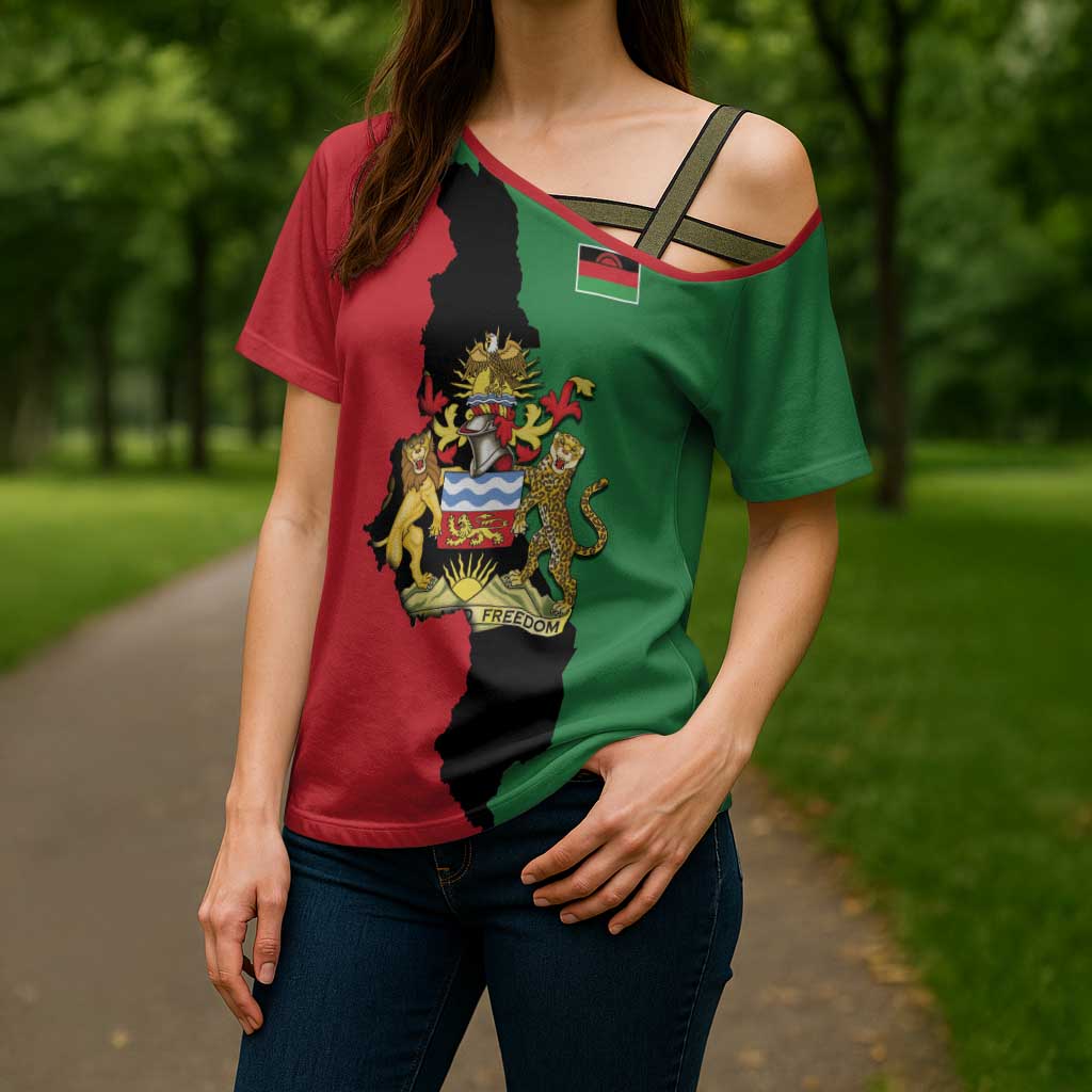 Malawi Flag Map Cross Shoulder Shirt Simple Malawi Emblem Coat of Arms - Wonder Print Shop