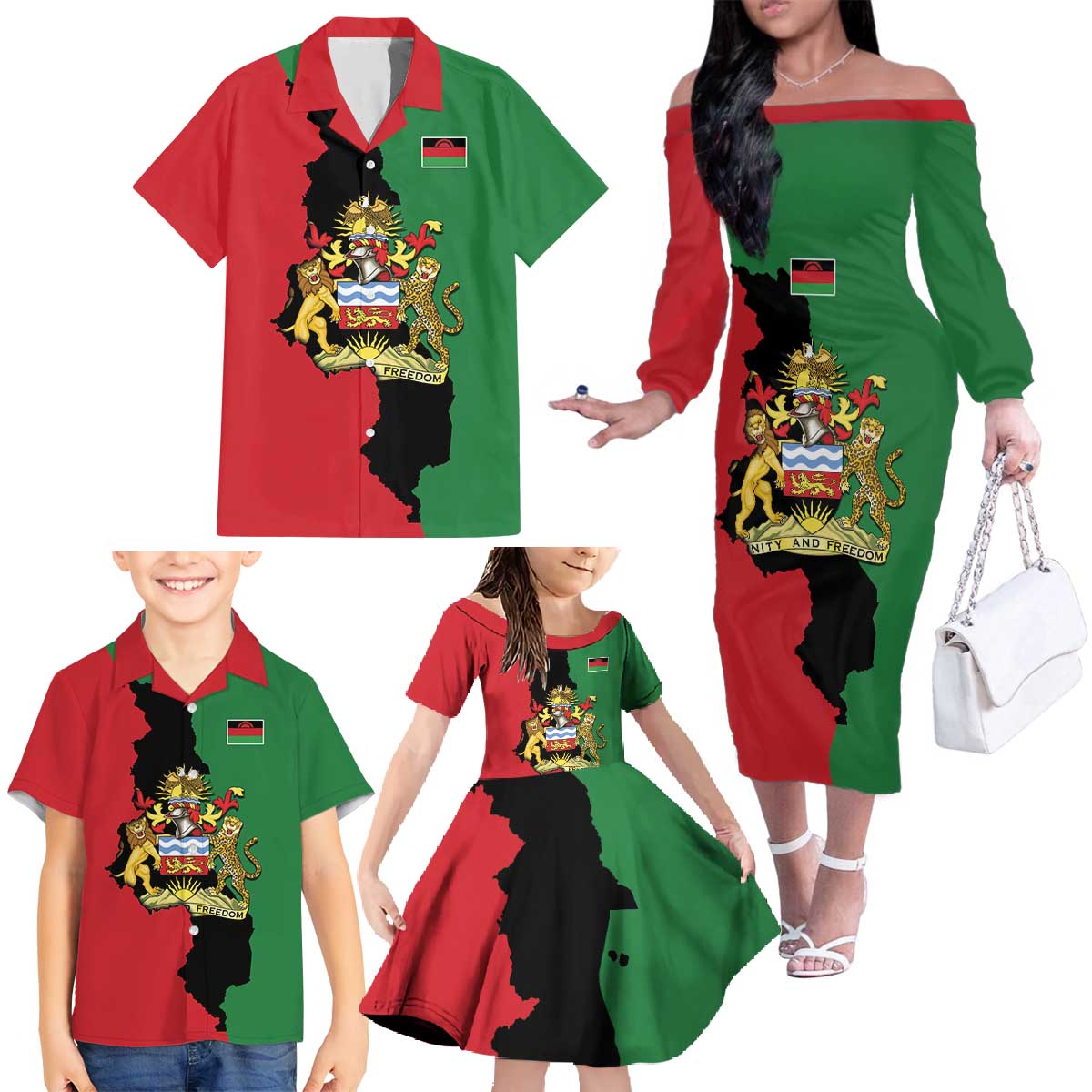 Malawi Flag Map Family Matching Off The Shoulder Long Sleeve Dress and Hawaiian Shirt Simple Malawi Emblem Coat of Arms - Wonder Print Shop