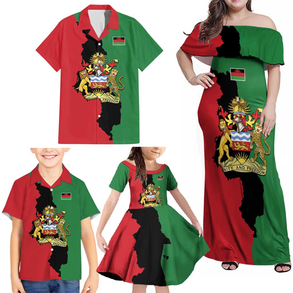 Malawi Flag Map Family Matching Off Shoulder Maxi Dress and Hawaiian Shirt Simple Malawi Emblem Coat of Arms - Wonder Print Shop
