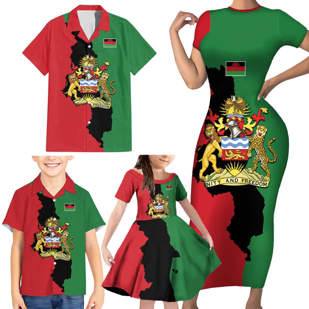 Malawi Flag Map Family Matching Short Sleeve Bodycon Dress and Hawaiian Shirt Simple Malawi Emblem Coat of Arms - Wonder Print Shop