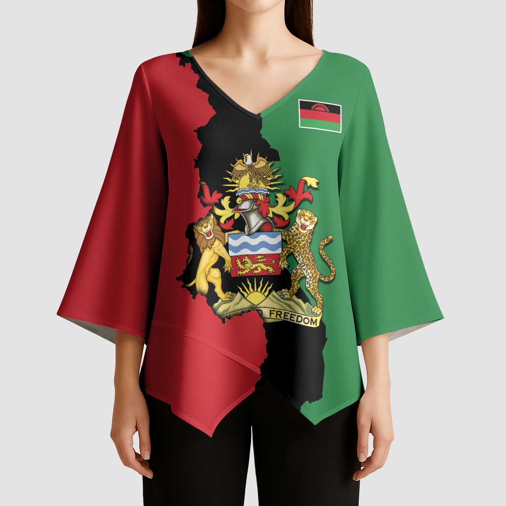 Malawi Flag Map Kimono Sleeve Blouse Simple Malawi Emblem Coat of Arms - Wonder Print Shop