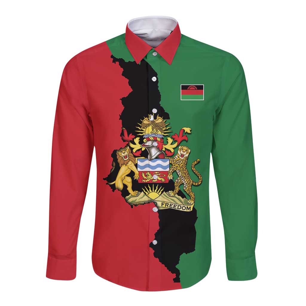 Malawi Flag Map Long Sleeve Button Shirt Simple Malawi Emblem Coat of Arms - Wonder Print Shop
