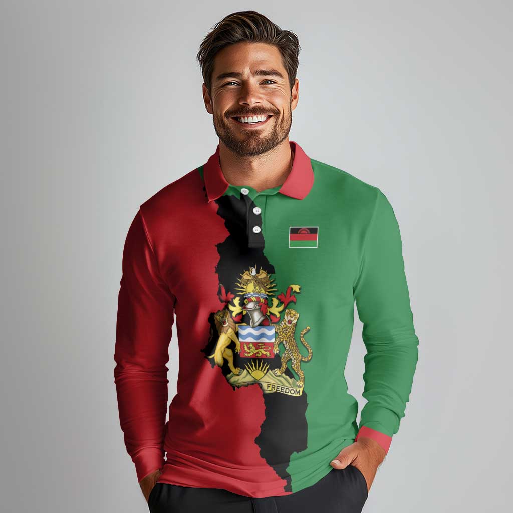 Malawi Flag Map Long Sleeve Polo Shirt Simple Malawi Emblem Coat of Arms - Wonder Print Shop