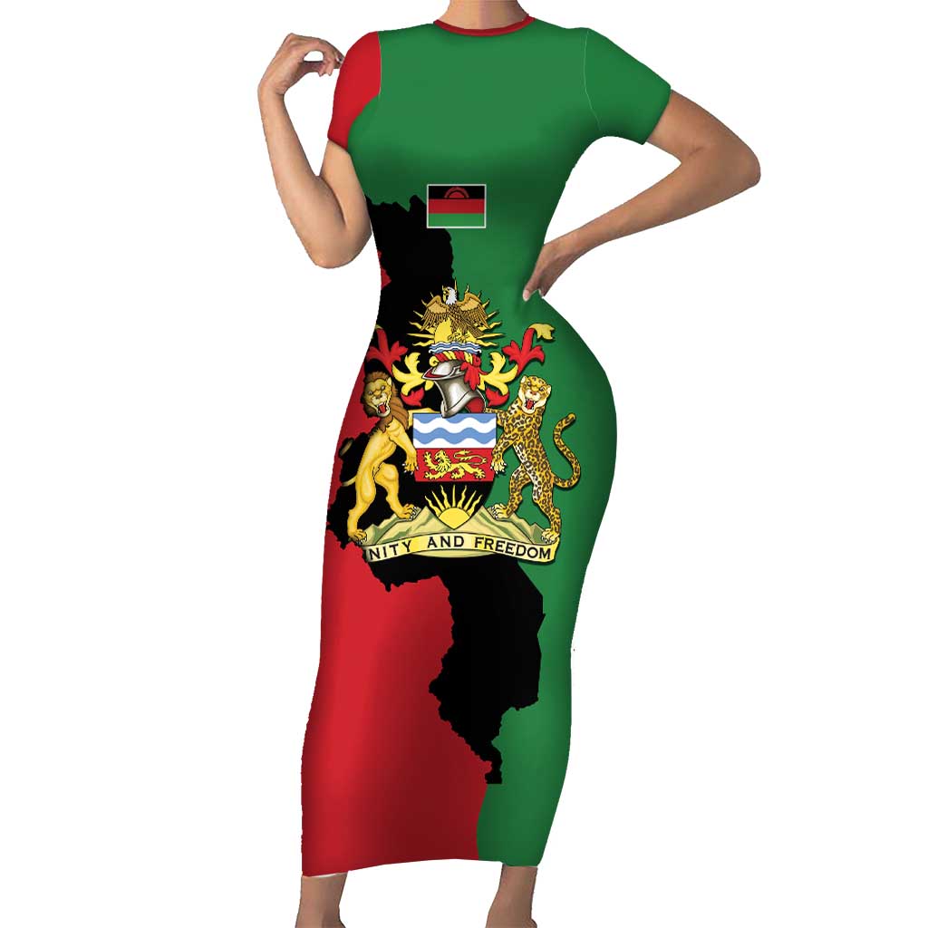 Malawi Flag Map Short Sleeve Bodycon Dress Simple Malawi Emblem Coat of Arms - Wonder Print Shop