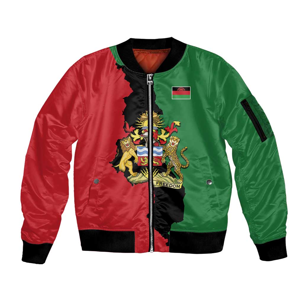 Malawi Flag Map Sleeve Zip Bomber Jacket Simple Malawi Emblem Coat of Arms - Wonder Print Shop