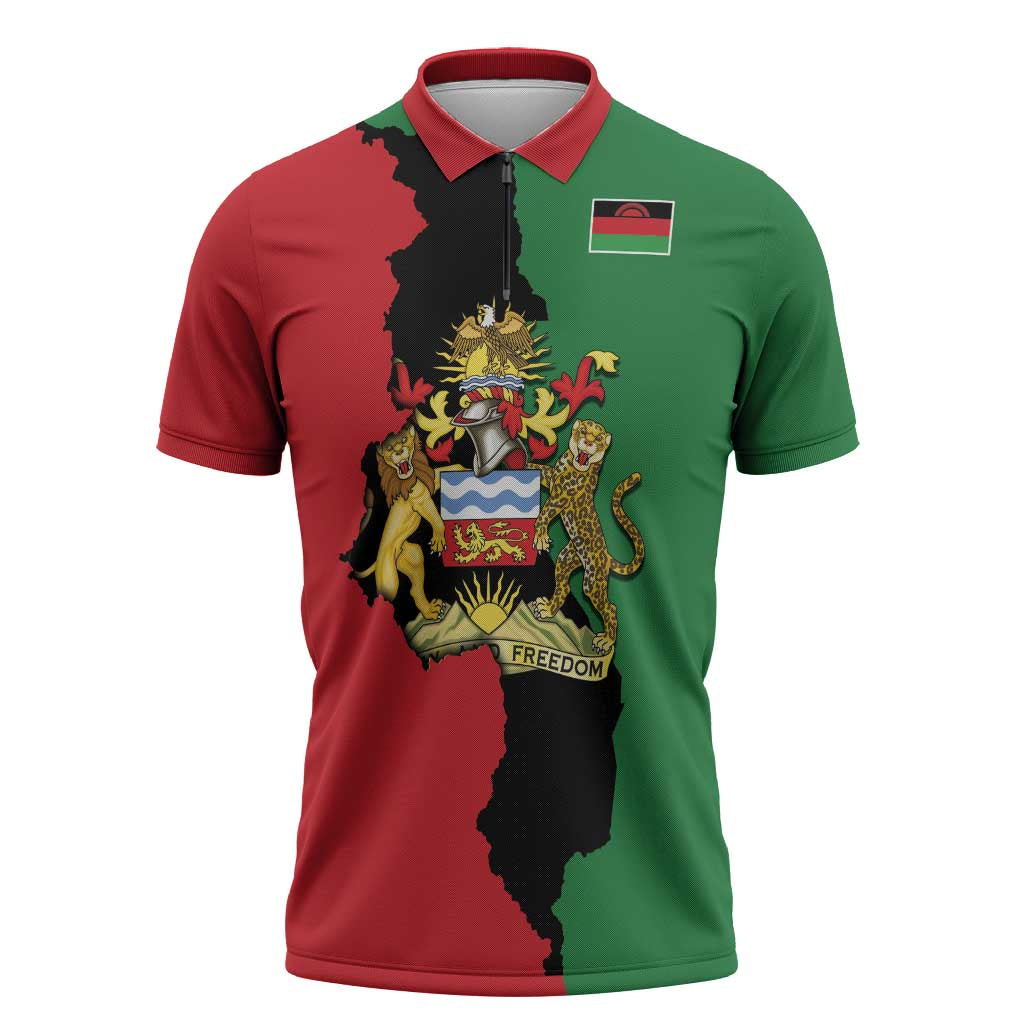Malawi Flag Map Zipper Polo Shirt Simple Malawi Emblem Coat of Arms - Wonder Print Shop