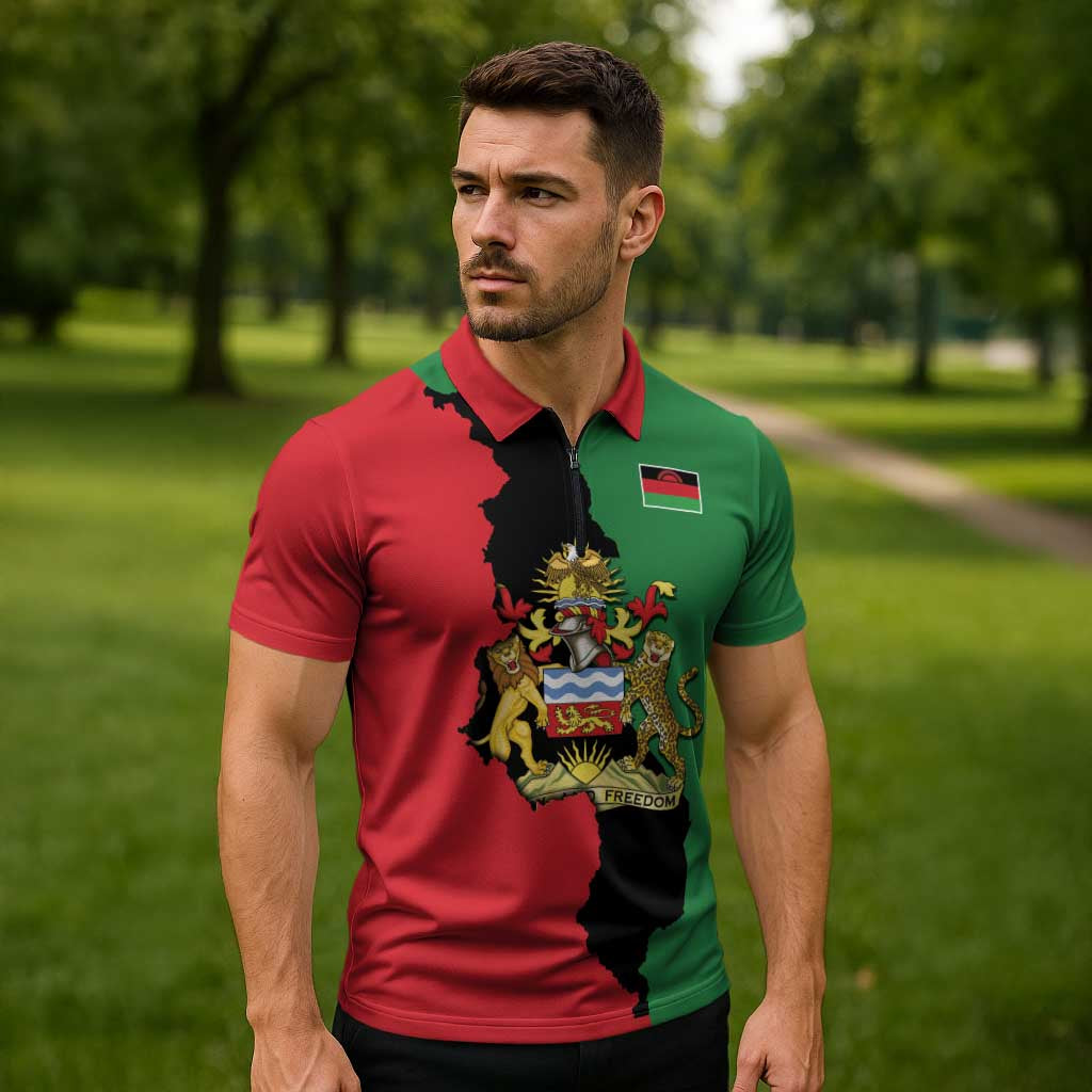 Malawi Flag Map Zipper Polo Shirt Simple Malawi Emblem Coat of Arms - Wonder Print Shop