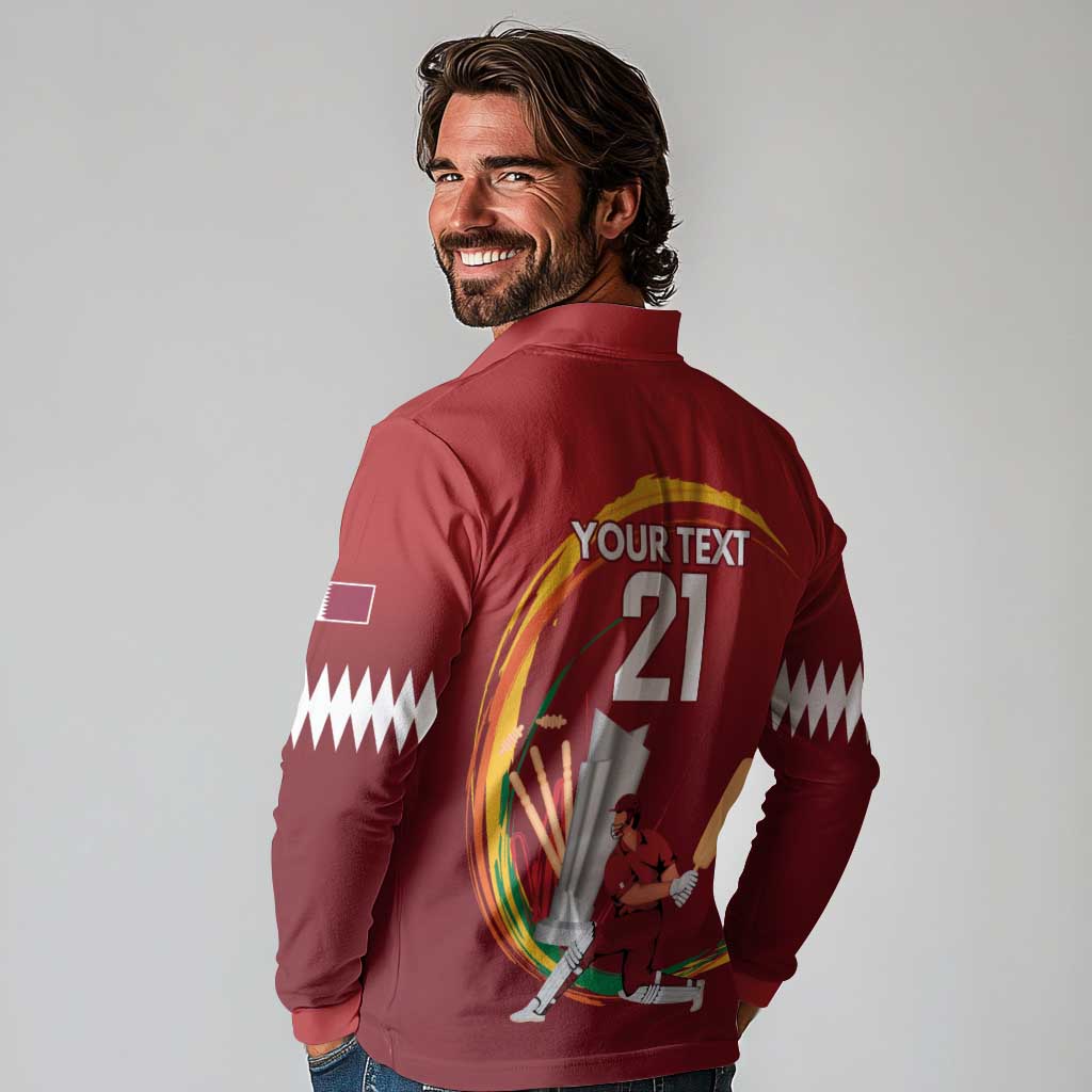 Custom Cricket Qatar East Asia-Pacific Long Sleeve Polo Shirt Qatar Boundary to Victory - Wonder Print Shop