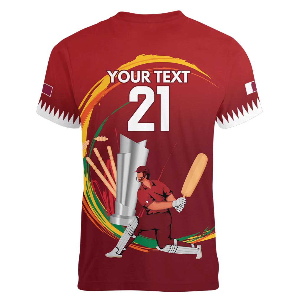 Custom Cricket Qatar East Asia-Pacific Women V-Neck T-Shirt Qatar Boundary to Victory - Wonder Print Shop