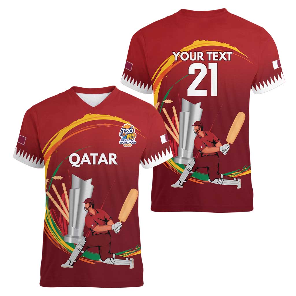 Custom Cricket Qatar East Asia-Pacific Women V-Neck T-Shirt Qatar Boundary to Victory - Wonder Print Shop