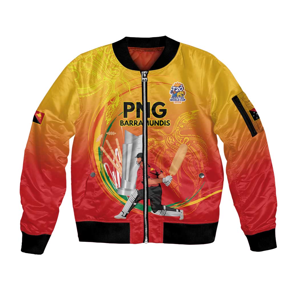 Custom Cricket PNG East Asia-Pacific Sleeve Zip Bomber Jacket Papua New Guinea Rise to Power - Wonder Print Shop