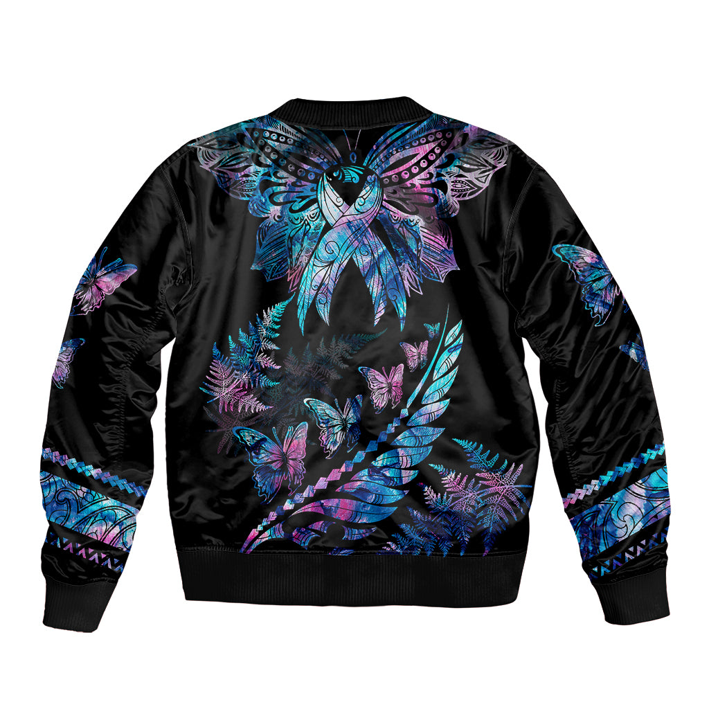Polynesia Ribbon Butterflies Bomber Jacket Silver Fern Breast Cancer With Papua Shell Pattern LT9 - Wonder Print Shop