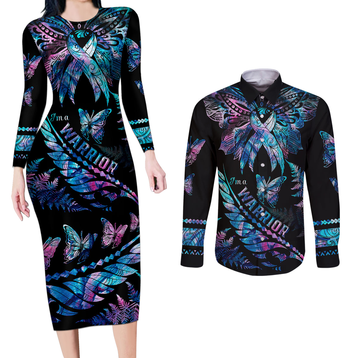 Polynesia Ribbon Butterflies Couples Matching Long Sleeve Bodycon Dress and Long Sleeve Button Shirts Silver Fern Breast Cancer With Papua Shell Pattern LT9 - Wonder Print Shop