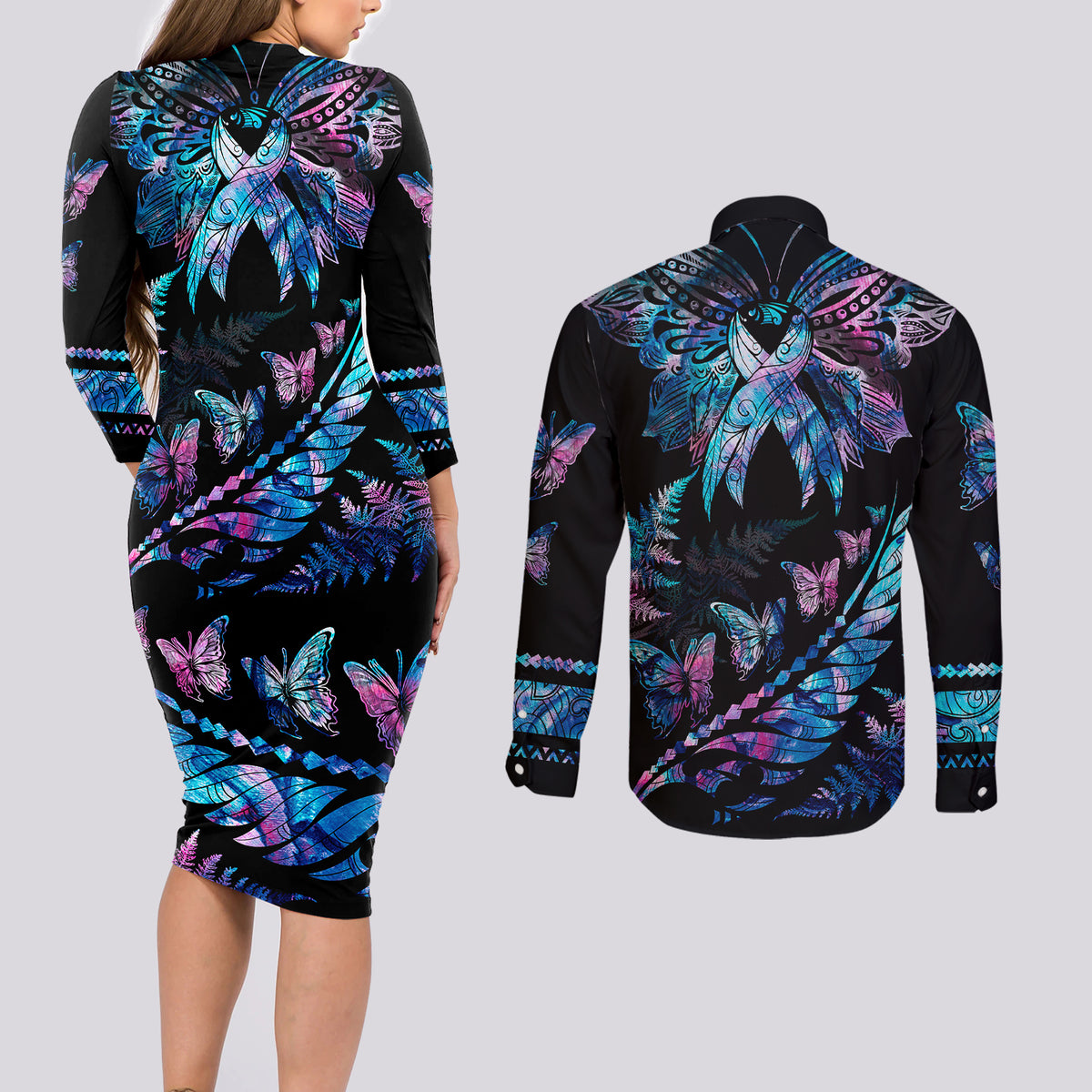 Polynesia Ribbon Butterflies Couples Matching Long Sleeve Bodycon Dress and Long Sleeve Button Shirts Silver Fern Breast Cancer With Papua Shell Pattern LT9 - Wonder Print Shop