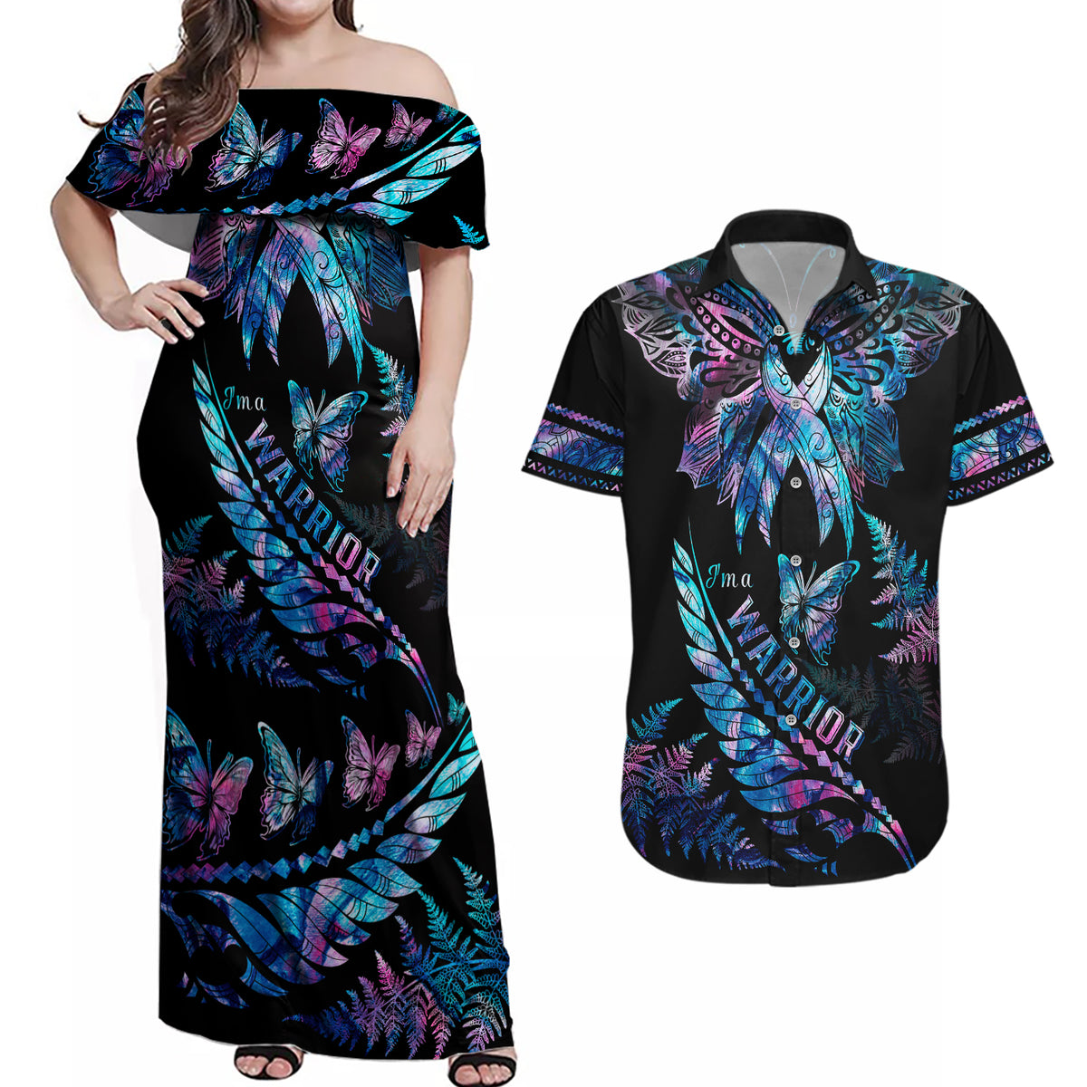 Polynesia Ribbon Butterflies Couples Matching Off Shoulder Maxi Dress and Hawaiian Shirt Silver Fern Breast Cancer With Papua Shell Pattern LT9 - Wonder Print Shop
