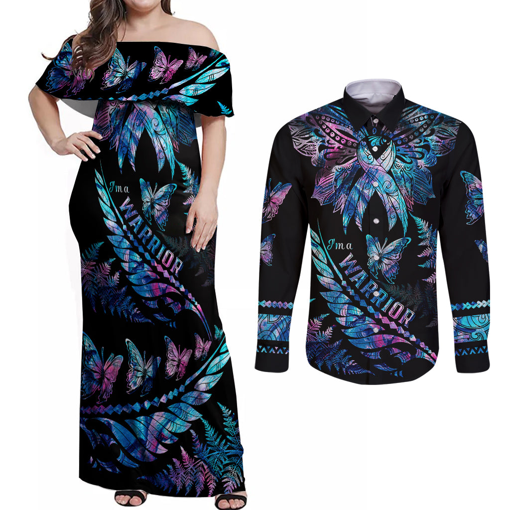 Polynesia Ribbon Butterflies Couples Matching Off Shoulder Maxi Dress and Long Sleeve Button Shirts Silver Fern Breast Cancer With Papua Shell Pattern LT9 - Wonder Print Shop
