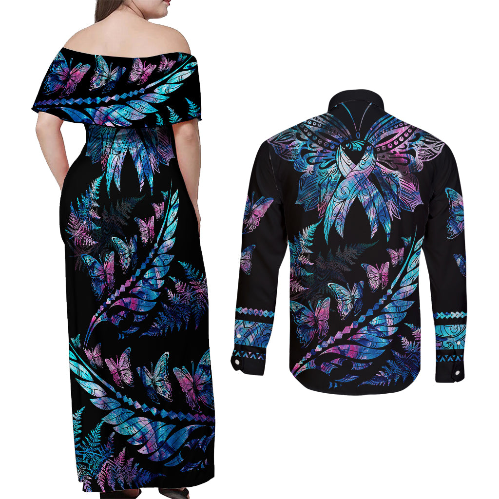 Polynesia Ribbon Butterflies Couples Matching Off Shoulder Maxi Dress and Long Sleeve Button Shirts Silver Fern Breast Cancer With Papua Shell Pattern LT9 - Wonder Print Shop