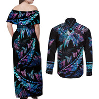 Polynesia Ribbon Butterflies Couples Matching Off Shoulder Maxi Dress and Long Sleeve Button Shirts Silver Fern Breast Cancer With Papua Shell Pattern LT9 - Wonder Print Shop