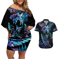 Polynesia Ribbon Butterflies Couples Matching Off Shoulder Short Dress and Hawaiian Shirt Silver Fern Breast Cancer With Papua Shell Pattern LT9 - Wonder Print Shop
