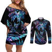 Polynesia Ribbon Butterflies Couples Matching Off Shoulder Short Dress and Long Sleeve Button Shirts Silver Fern Breast Cancer With Papua Shell Pattern LT9 - Wonder Print Shop