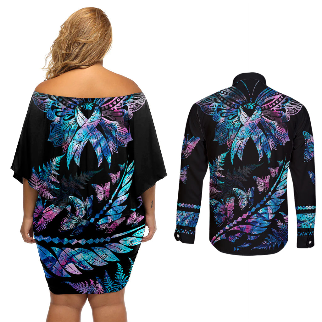 Polynesia Ribbon Butterflies Couples Matching Off Shoulder Short Dress and Long Sleeve Button Shirts Silver Fern Breast Cancer With Papua Shell Pattern LT9 - Wonder Print Shop