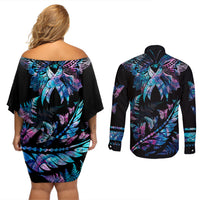 Polynesia Ribbon Butterflies Couples Matching Off Shoulder Short Dress and Long Sleeve Button Shirts Silver Fern Breast Cancer With Papua Shell Pattern LT9 - Wonder Print Shop