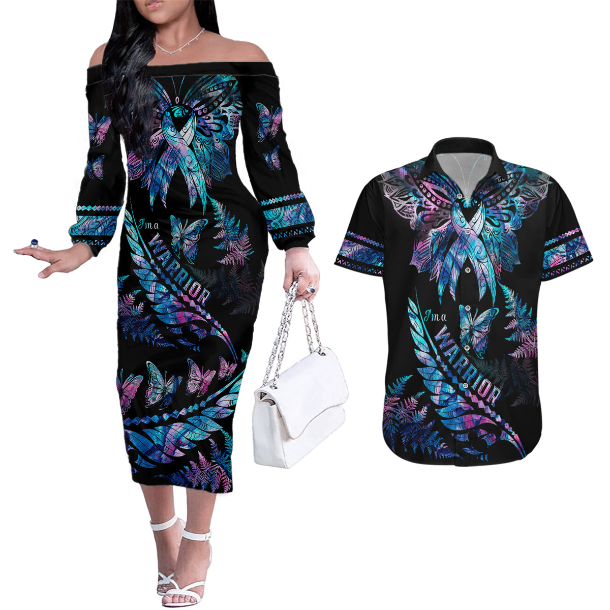Polynesia Ribbon Butterflies Couples Matching Off The Shoulder Long Sleeve Dress and Hawaiian Shirt Silver Fern Breast Cancer With Papua Shell Pattern LT9 - Wonder Print Shop