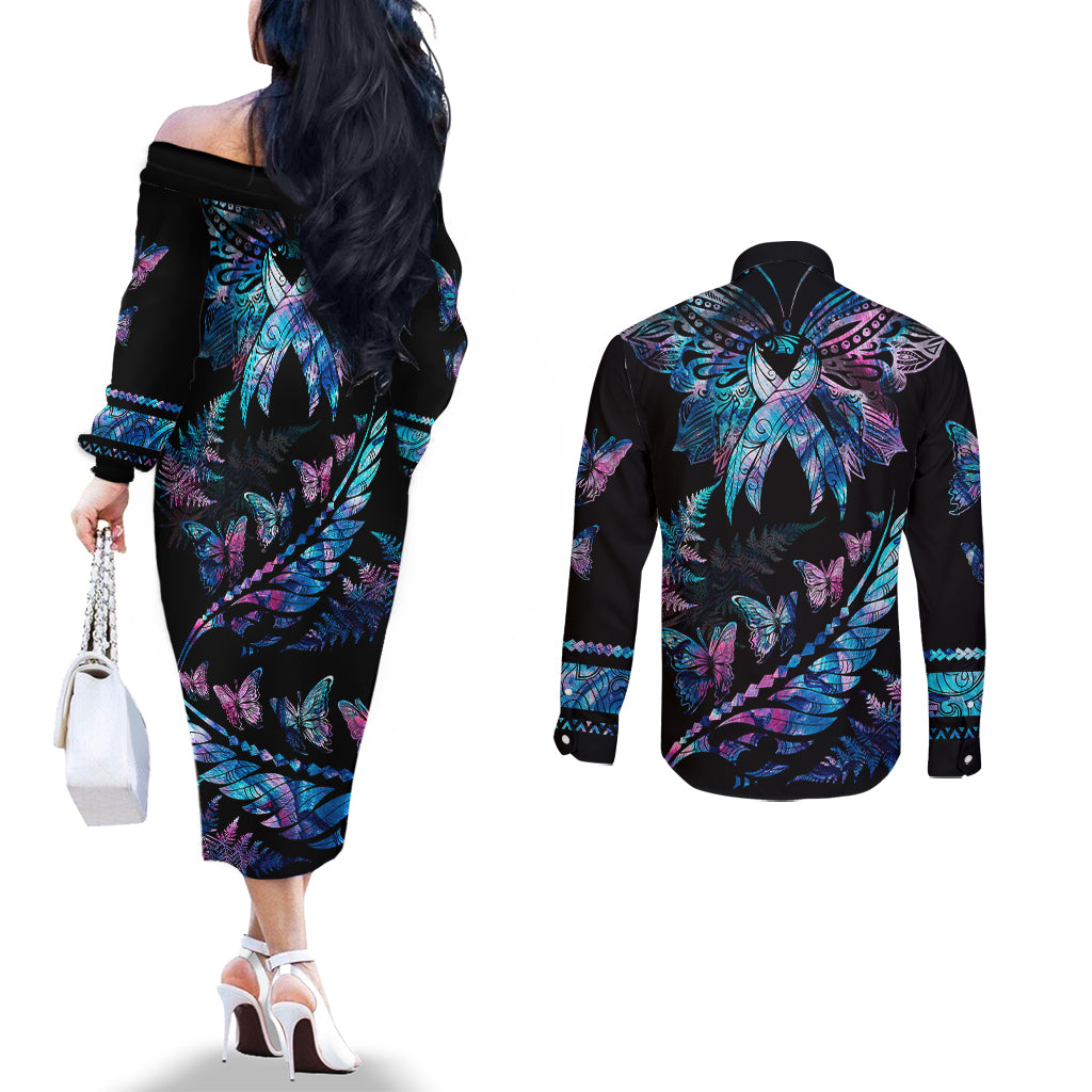 polynesia-ribbon-butterflies-couples-matching-off-the-shoulder-long-sleeve-dress-and-long-sleeve-button-shirts-silver-fern-breast-cancer-with-papua-shell-pattern