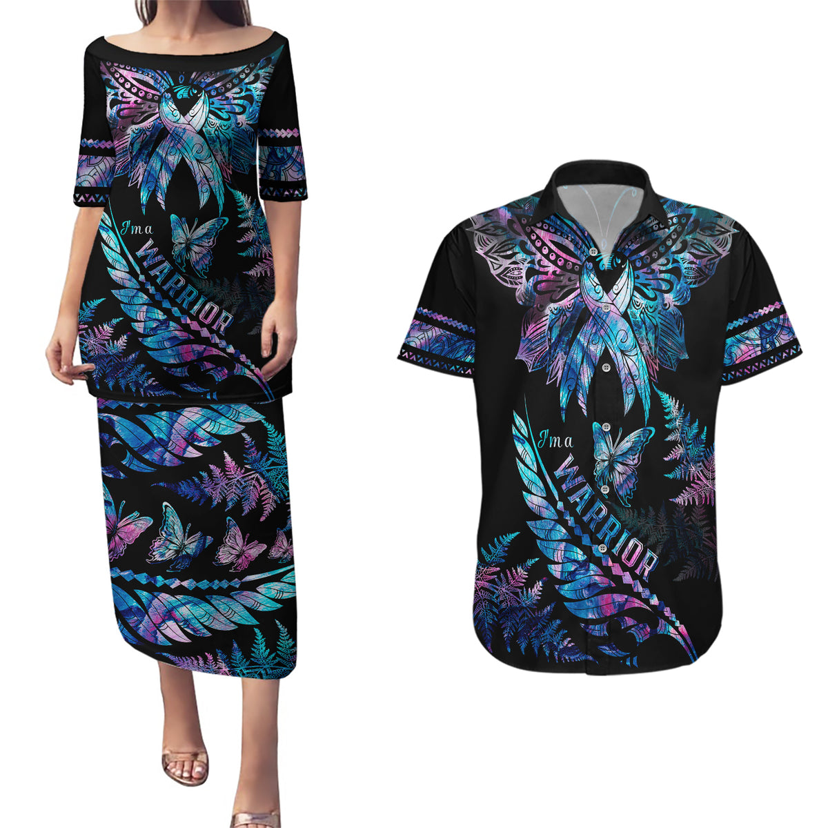 Polynesia Ribbon Butterflies Couples Matching Puletasi Dress and Hawaiian Shirt Silver Fern Breast Cancer With Papua Shell Pattern LT9 - Wonder Print Shop