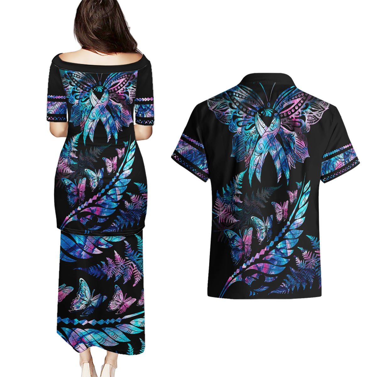 Polynesia Ribbon Butterflies Couples Matching Puletasi Dress and Hawaiian Shirt Silver Fern Breast Cancer With Papua Shell Pattern LT9 - Wonder Print Shop